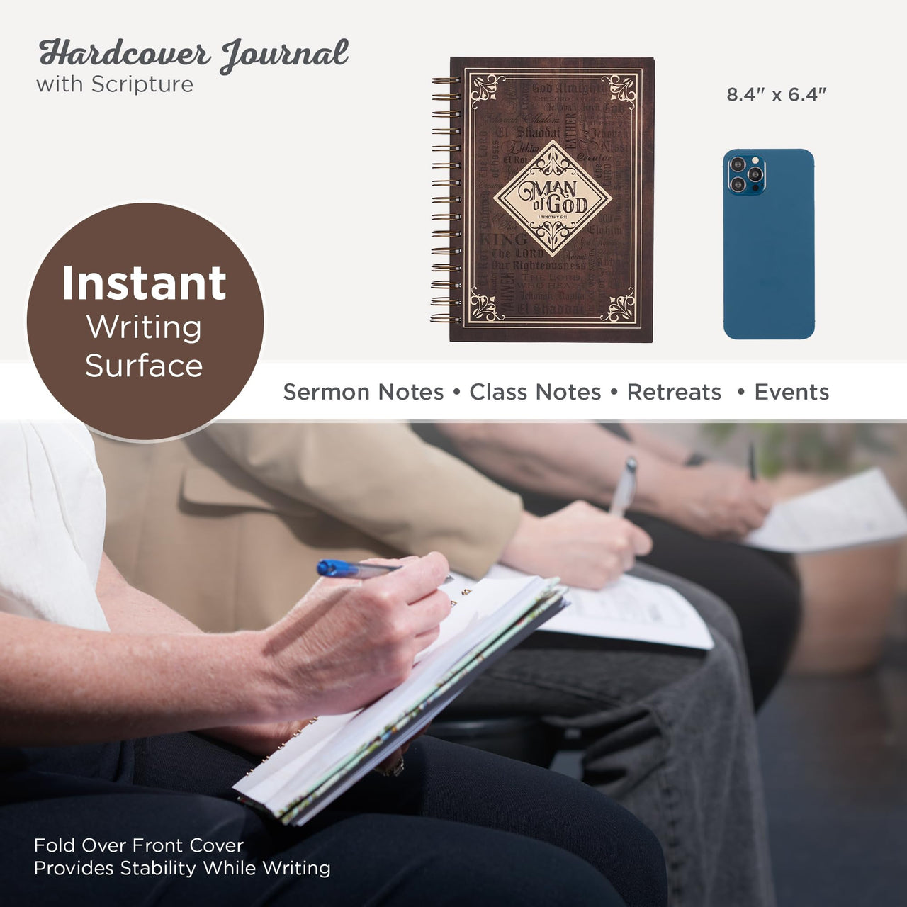 Christian Art Gifts Journal w/Scripture Man of God 1 Timothy 6:11 Bible Verse Names of God Brown 192 Ruled Pages, Large Hardcover Notebook, Wire Bound