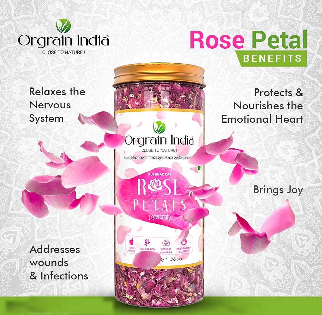Orgrain India Pushkar Raj Pink Rose Petals 50g | Organically Grown Company-Owned Farmlands | Sun Dried Gulab Patti | Rose Tea
