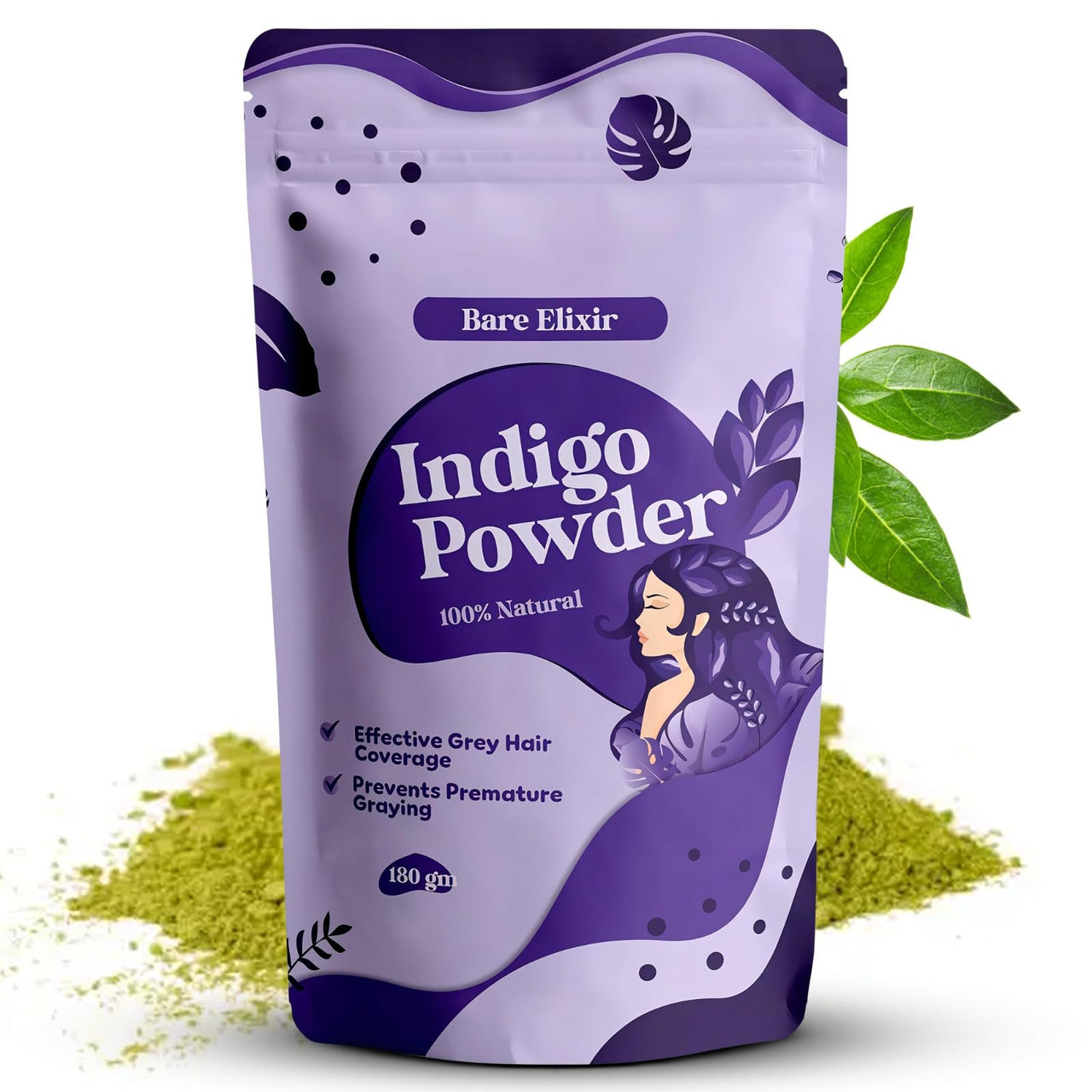 Bare Elixir 100% Natural Organic Indigo Powder for Hair - 180g | Effective Grey Hair Coverage, Promotes Hair Growth & Strength | Chemical-Free Hair Dye | Ideal for Deep Conditioning & Reducing Hair Fall