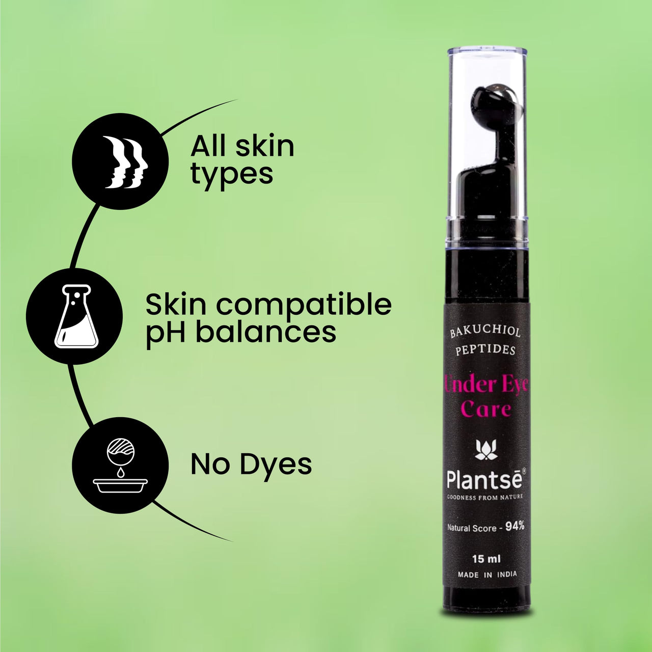Plantsē under Eye Cream I with Bakuchiol, Peptides, and Niacinamide I Vegan, Natural I Reducing Dark Circle Puffiness & Fine Lines I with Massage Roller I for Men & Women with All Skin Type - 15ml