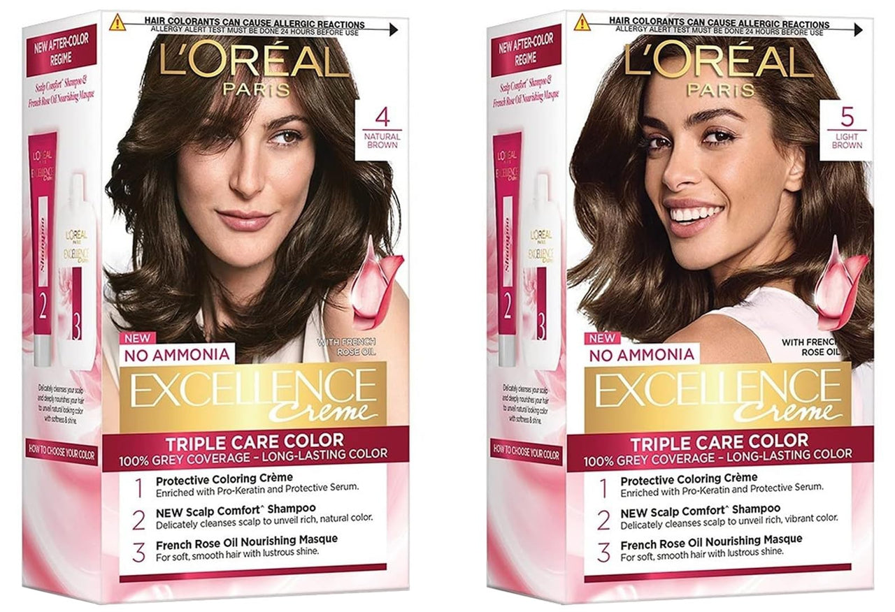 L'OREAL PARIS Excellence Creme Hair Color, 4 Natural Dark Brown, 72ml+100g and L'Oréal Paris Excellence Creme Hair Color, 5 Natural Brown (72ml+100g)