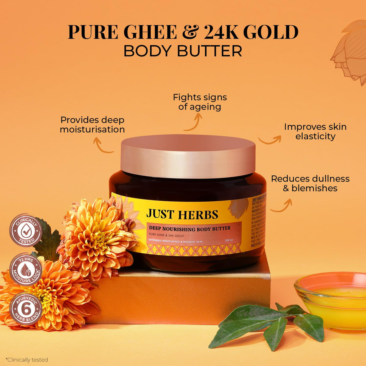 Just Herbs 24K Gold with Pure Ghee Deep Nourish Body Butter Cream for Anti Ageing | Improve Skin Elasticity | Reduce Dullness & Blemishes | Non Sticky | Instant Hydration All Skin Types Moisturiser for Men and Women 250ml