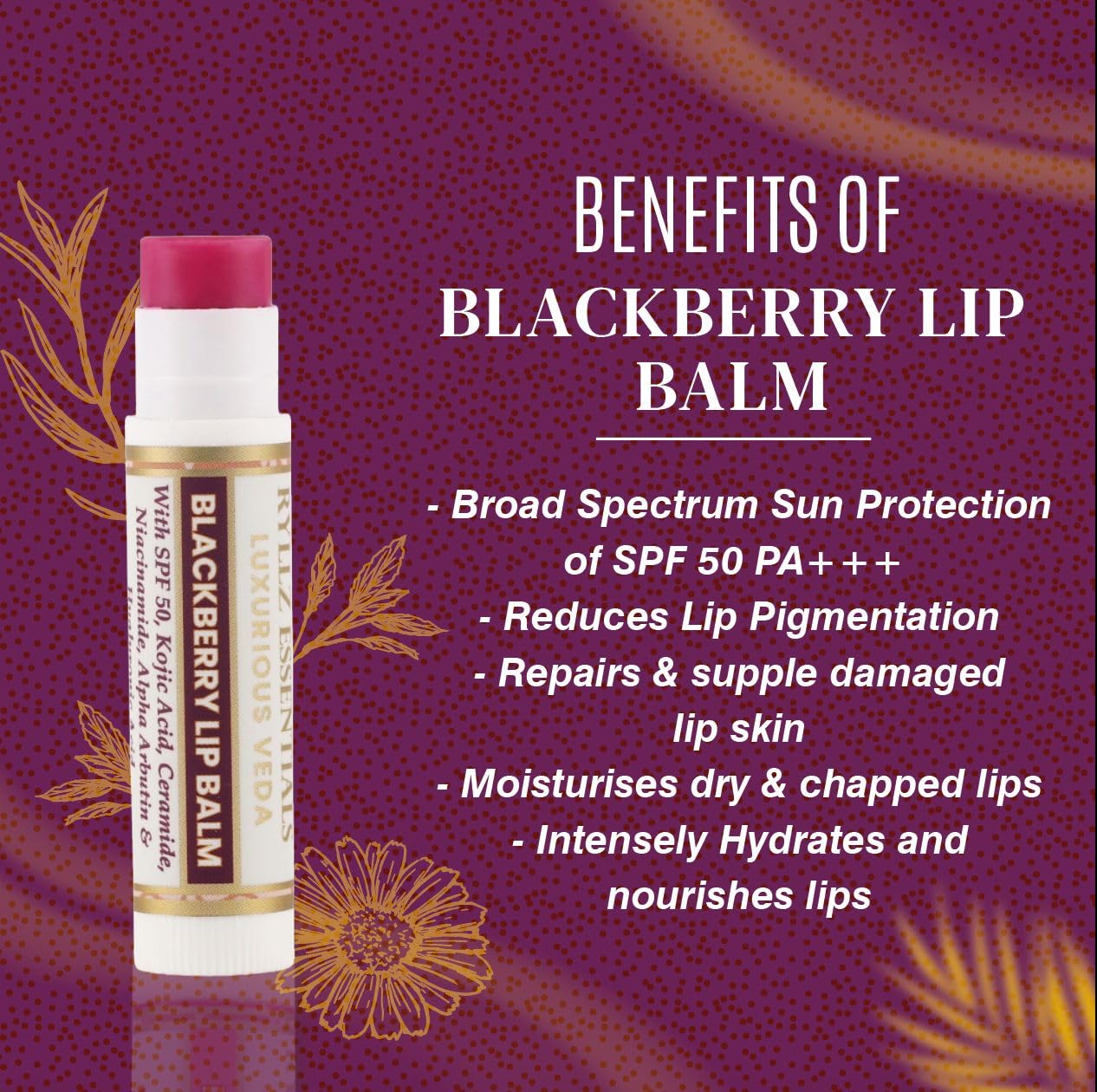 RYLLZ ESSENTIALS Blackberry Lip Balm | SPF 50 PA+++ | With Shea Butter, Kojic Acid, Ceramide, Niacinamide, Alpha Arbutin & Hyaluronic Acid | Purple Tint | For Lip Lightening & Moisturized Lips | 5 Gm