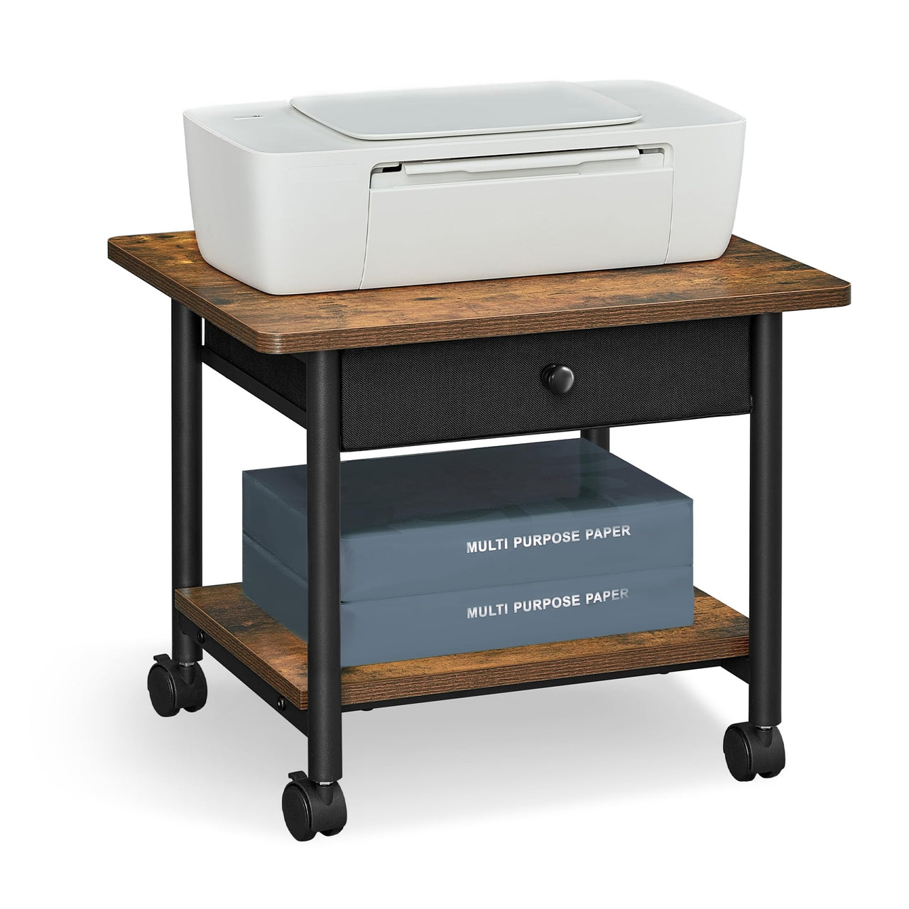 VASAGLE Printer Stand, Under Desk Printer Stand with Wheels, Drawer with Divider, Bottom Shelf, Fits Inkjet, Laser, Photo, All-in-One Printers, Home Office, Rustic Brown and Ink Black UOPS004B01 2-Tier with Drawer