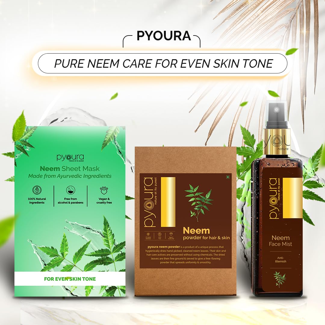 PYOURA Acne Clear Skin Neem Powder, Dark Spot Pigmentation Face Pack, Pure Hygienically Dried Powdered Leaves, Natural Ayurvedic Herbal Mask, No Preservatives Added, 200 g (2 Packs of 100 g Each)