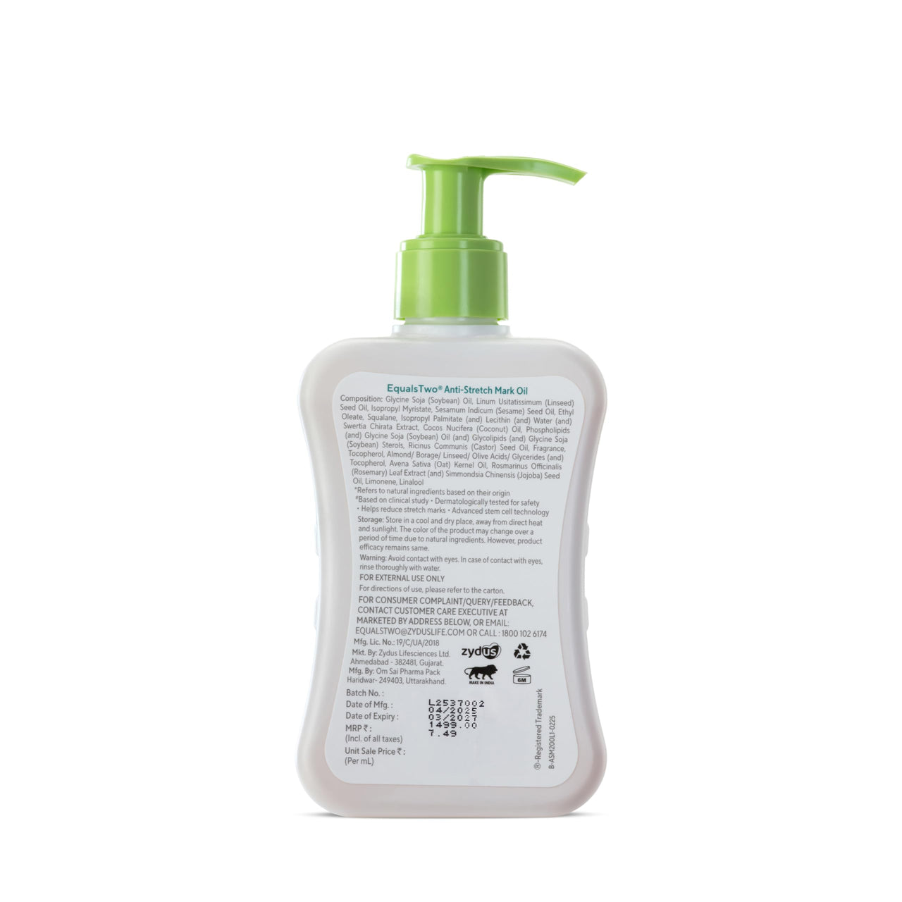 EQUALSTWO Anti Stretch Mark Oil, 200ml, 100% Natural Stretch Marks Removal Oil for Pregnancy, Enriched with Flex Seeds & Oat Oil to Lighten Scars, Dermatologically Tested, No Paraben No Sulphate (Pack of 2)