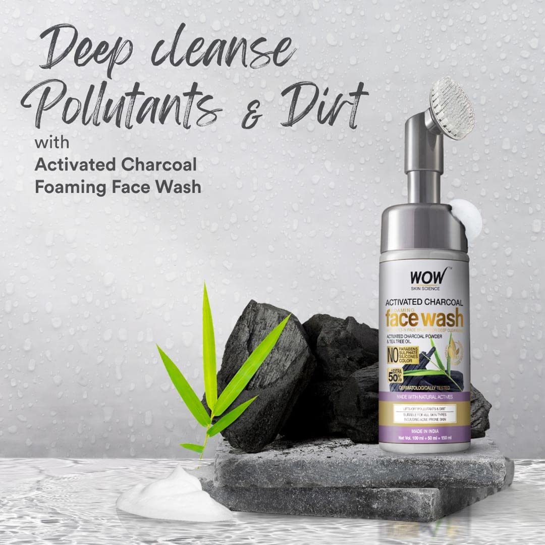 WOW Skin Science Charcoal Foaming Face Wash | Built in Brush for Deep Cleansing | All Skin Types | Fresh, Clear Skin | Paraben & Sulphates Free | For Women & Men | 150 ml