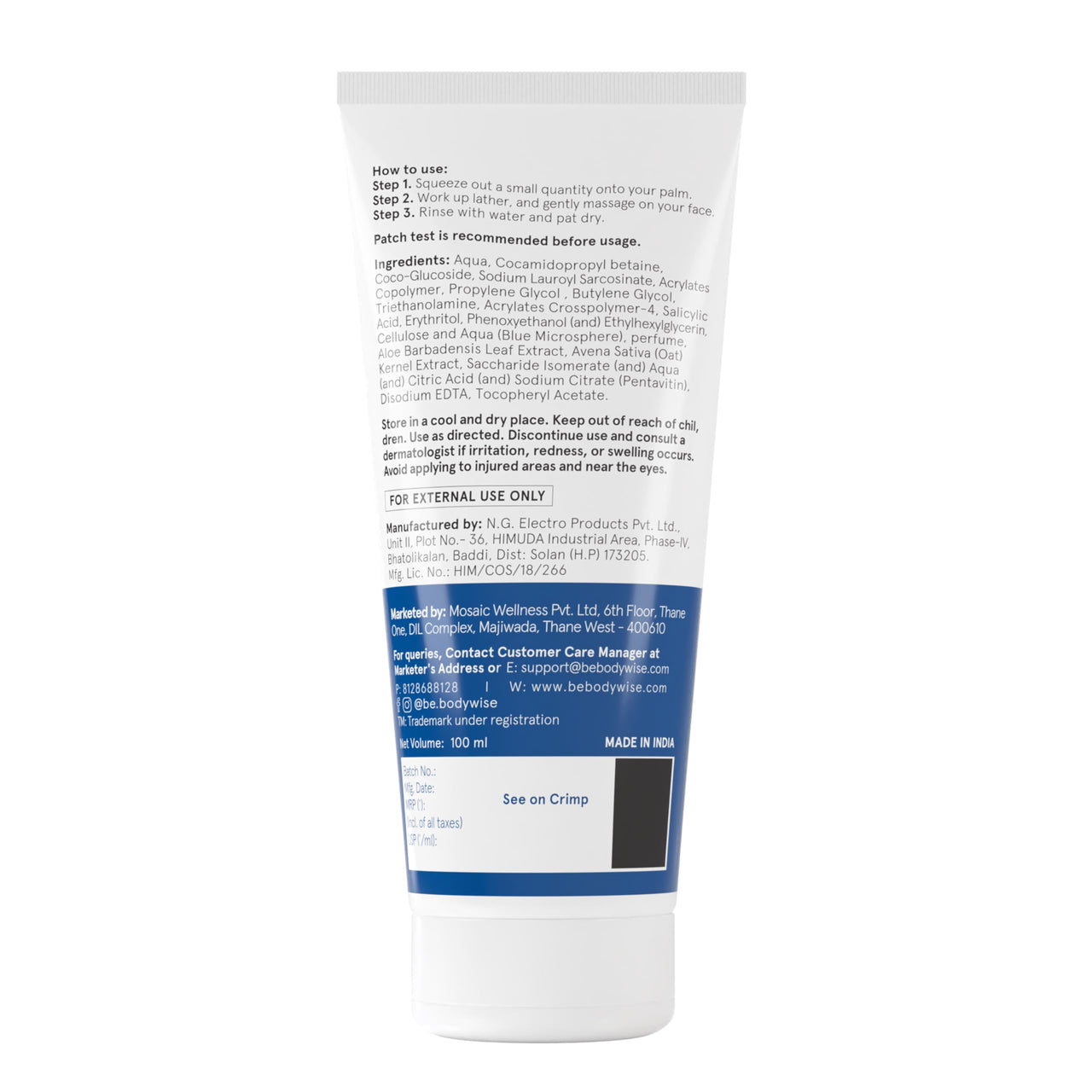 Be Bodywise 2% Salicylic Acid Face Wash for Acne Prone skin | For Oily & Sensitive skin | Deep Cleanses your Skin & Prevents Acne | Developed by Dermatologists | 100ml