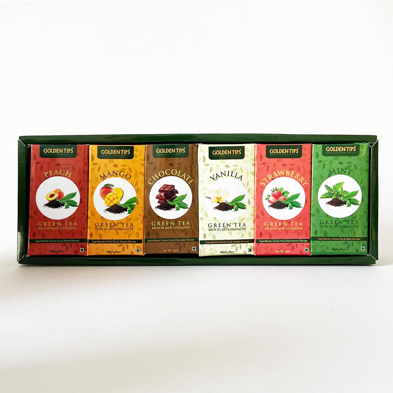Golden Tips Flavoured Green Teas Gift Box, 6 Flavors - Peach, Mango, Chocolate, Vanilla, Strawberry & Mint (150g- 75 Cups)