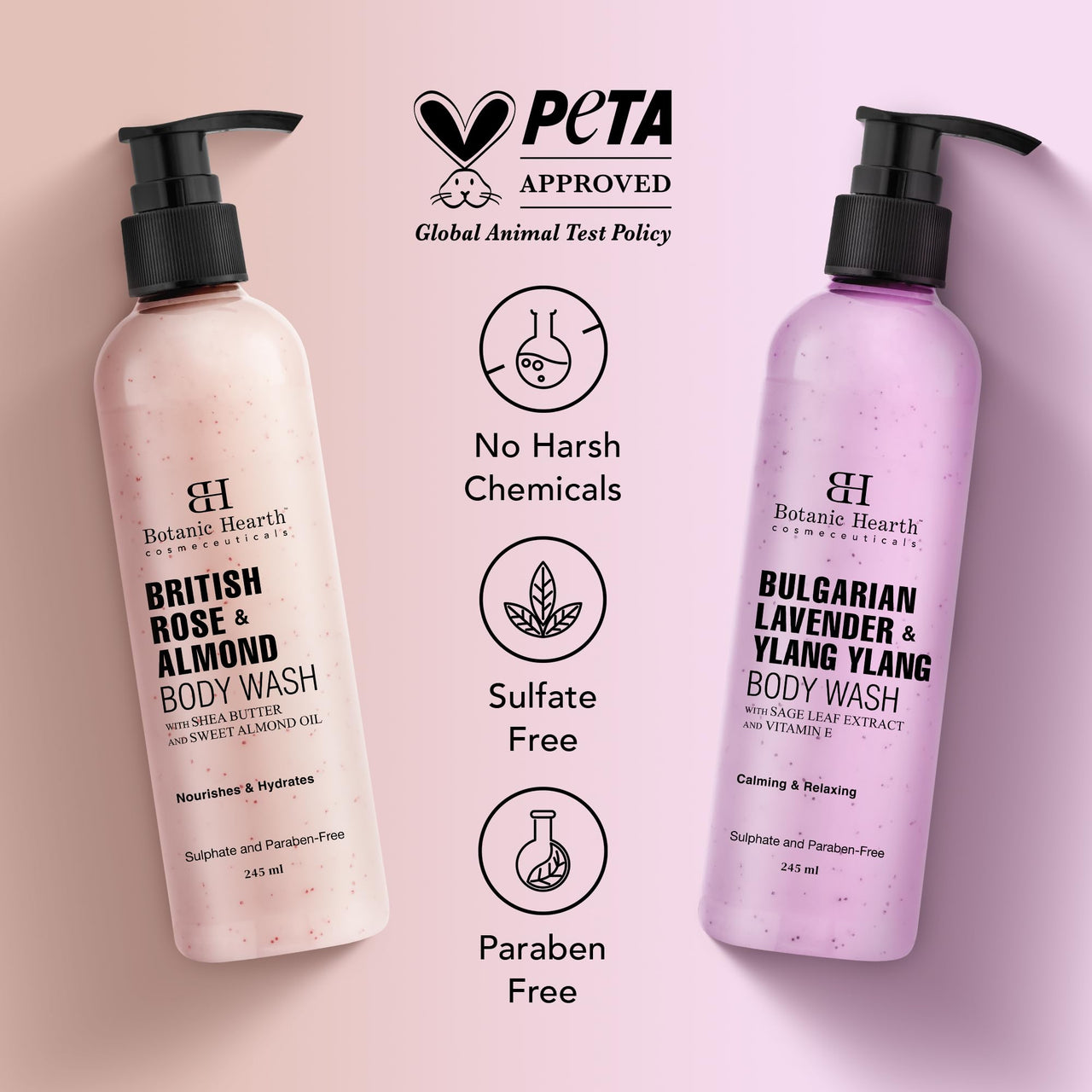 Botanic Hearth British Rose and Bulgarian Lavender Body Wash Shower Gel – Pack of 2 (245 ml Each) – Sulfate & Paraben Free – for Men & Women