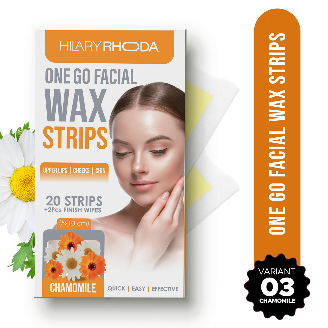 Hilary Rhoda Women One Go Facial Wax Strips|Ready-To-Use|Face, Cheek, Upper Lip & Chin Facial Wax|Painless Hair Removal|With 2 Finish Wipes|20 Strips (Chamomile),Pack Of 1,1 Count