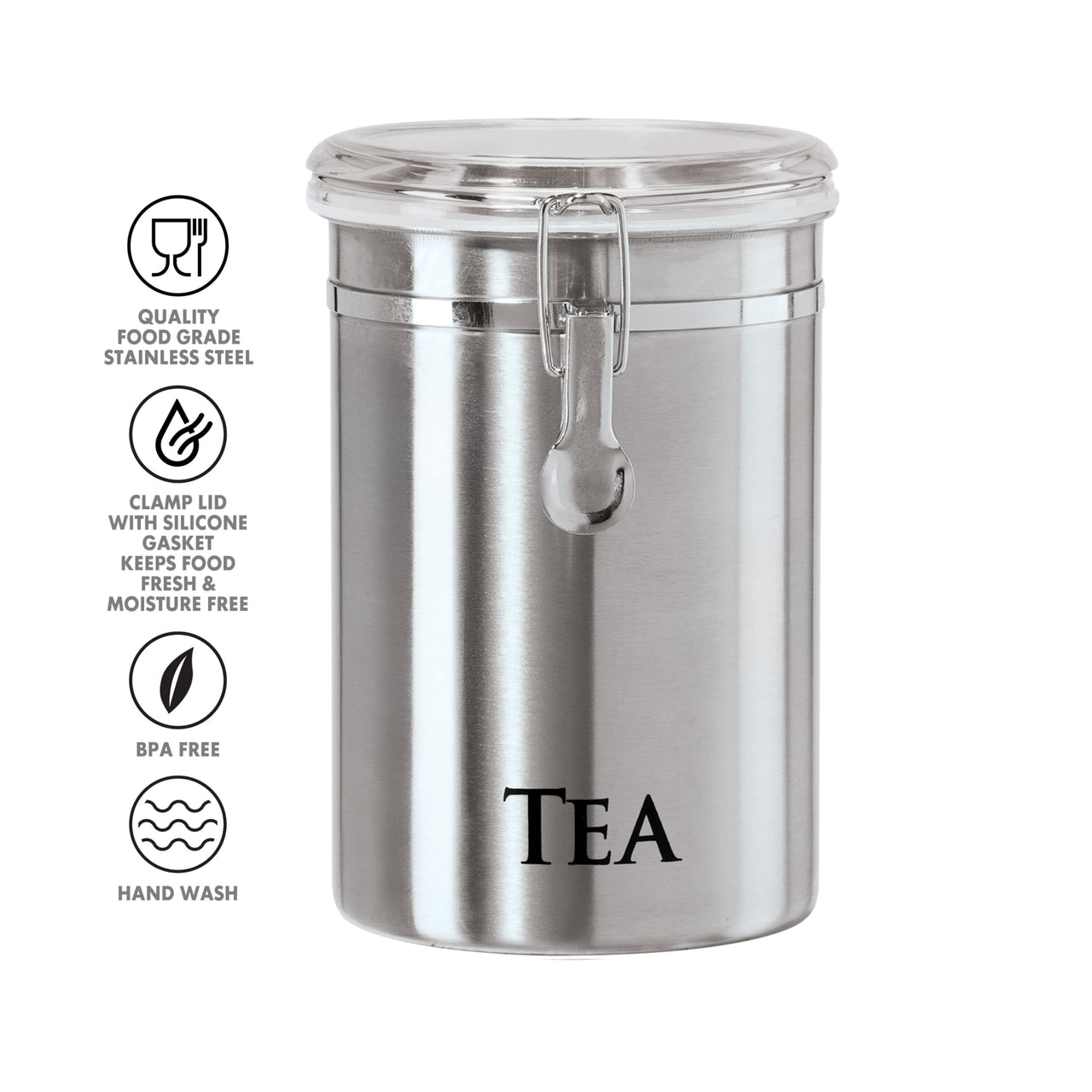 Oggi Stainless Steel Tea Canister 62 fl oz - Airtight Clamp Lid, Clear See-Thru Top - Ideal for Tea Bag Storage, Loose Tea Storage, Kitchen Storage, Pantry Storage. Large Size 5" x 7.5".