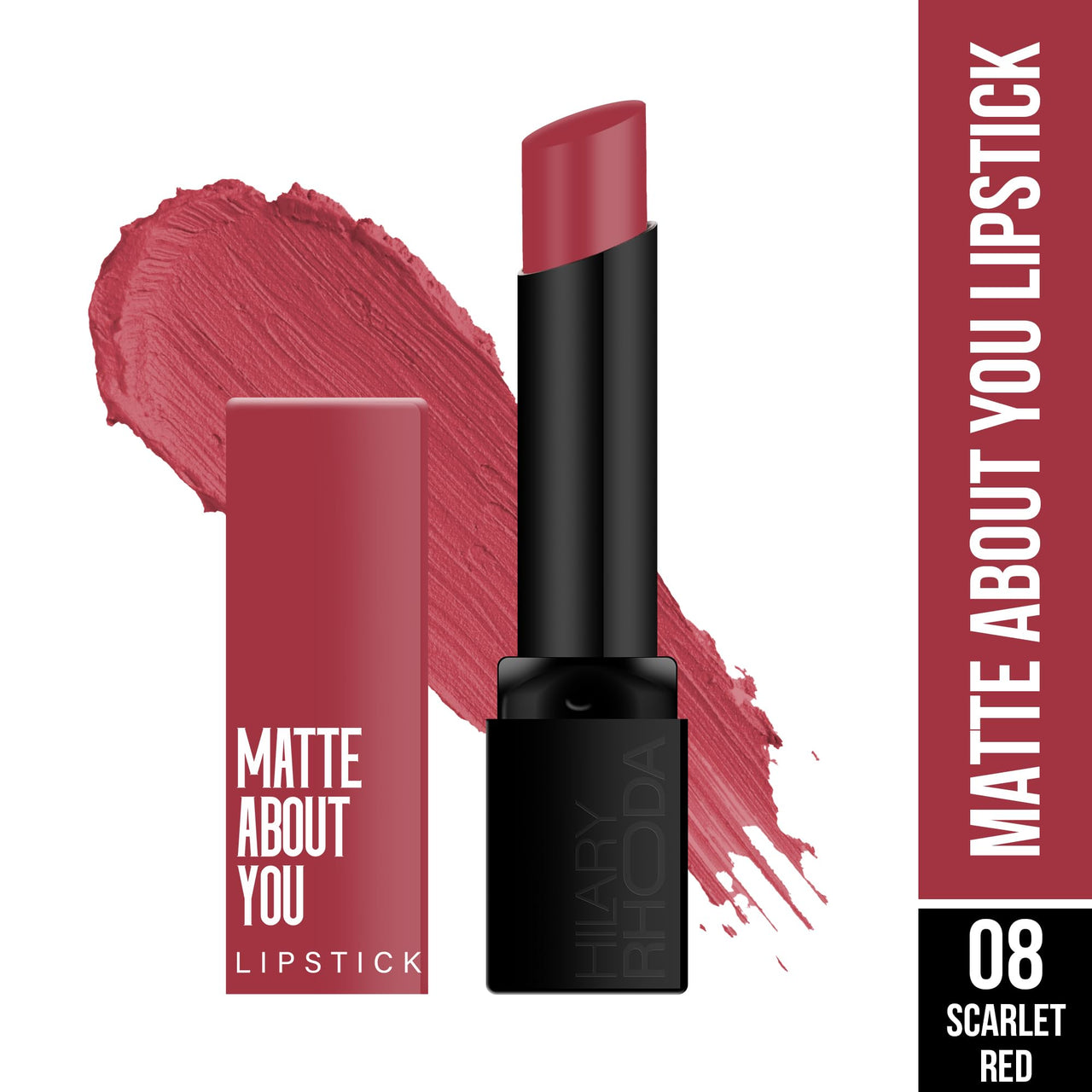 Hilary Rhoda Matte About You Lipstick | Long Lasting & Highly Pigmented Lipstick | Glides Smoothly | Matte Finish | One Stroke Application | Cruelty-Free & Vegan - 3g (Scarlet Red - Shade 08)