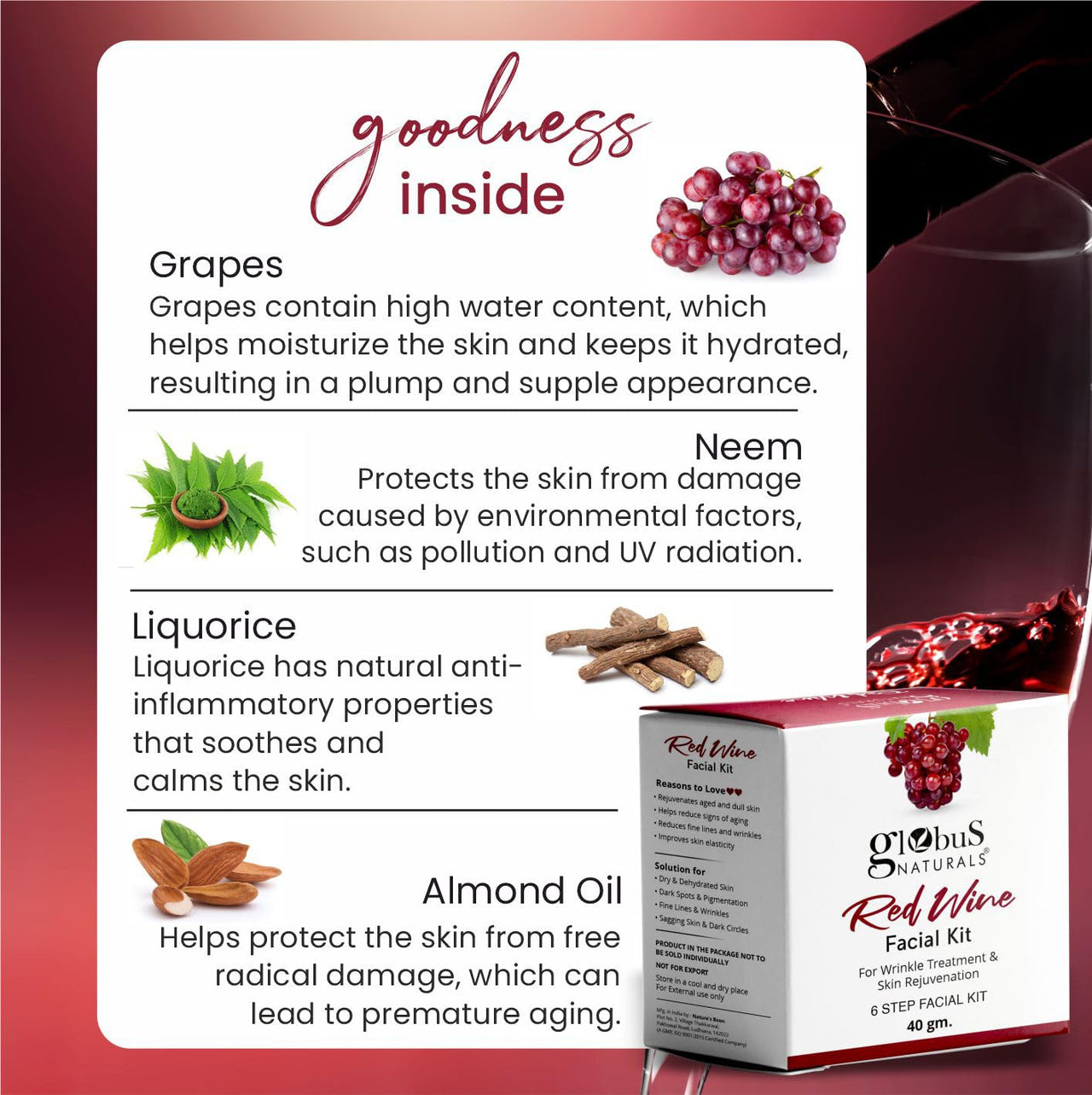Globus Naturals Facial Kit Combo-Oil Control Anti Acne & Wrinkle Control Red Wine Facial Kit, For All Skin Types