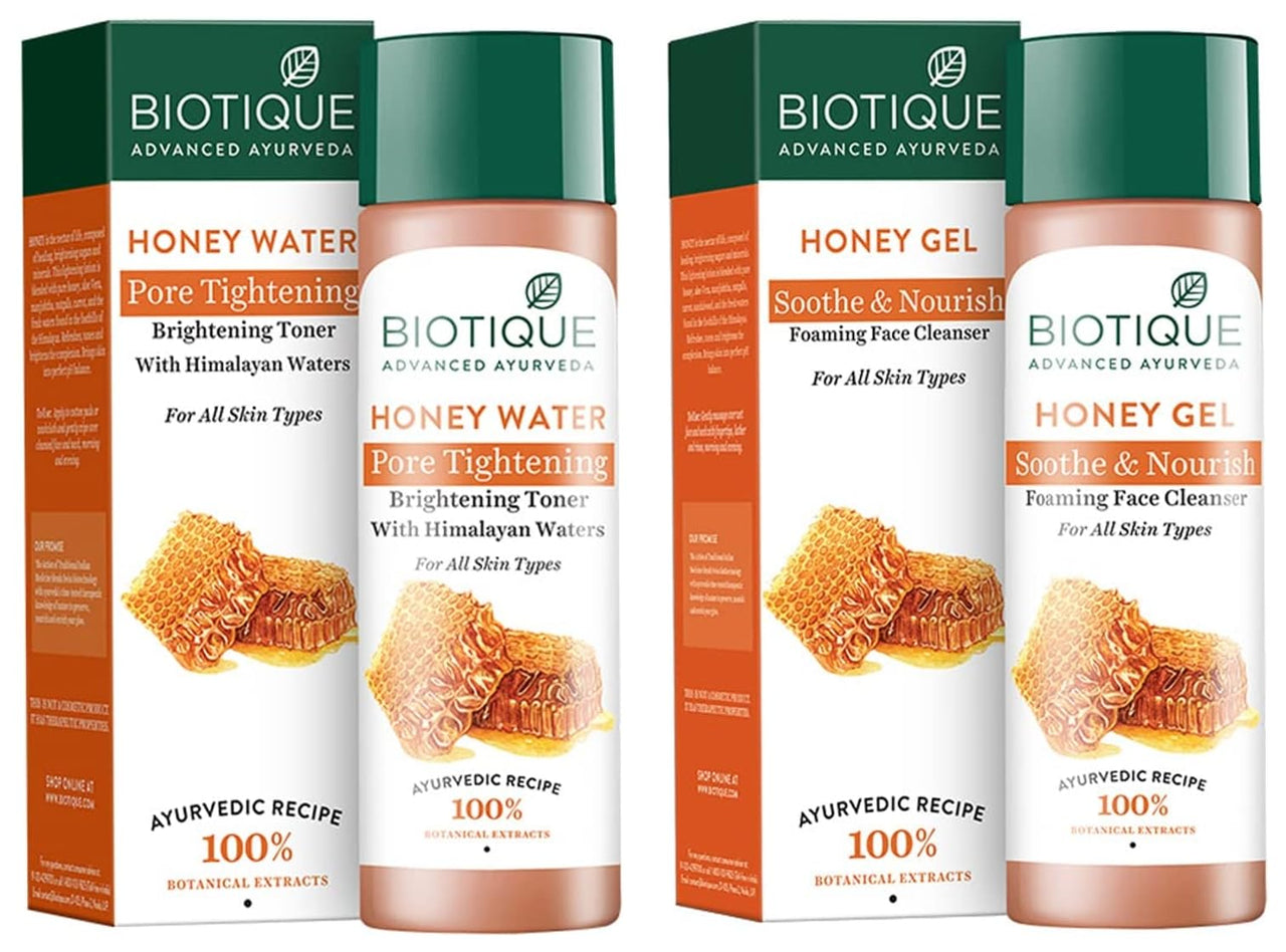 Biotique Honey Water Pore Tightening Brightening Toner With Himalayan Waters, 120ml & Biotique Honey Gel Soothe & Nourish Foaming Face Cleanser Foe All Skin Types, 120ml