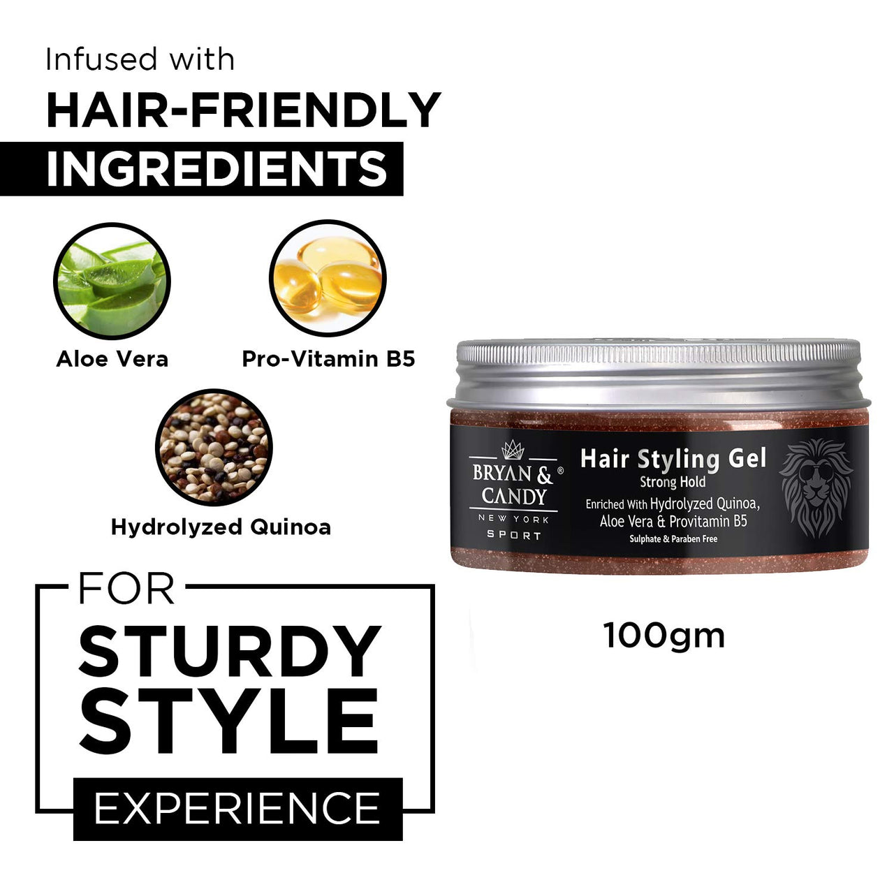 Bryan & Candy NewYork Lion Series Hair Styling Gel For Strong Hold - 100 gm, Enriched with Hydrolyzed Quinoa, Aloe Vera & Pro Vitamin B5