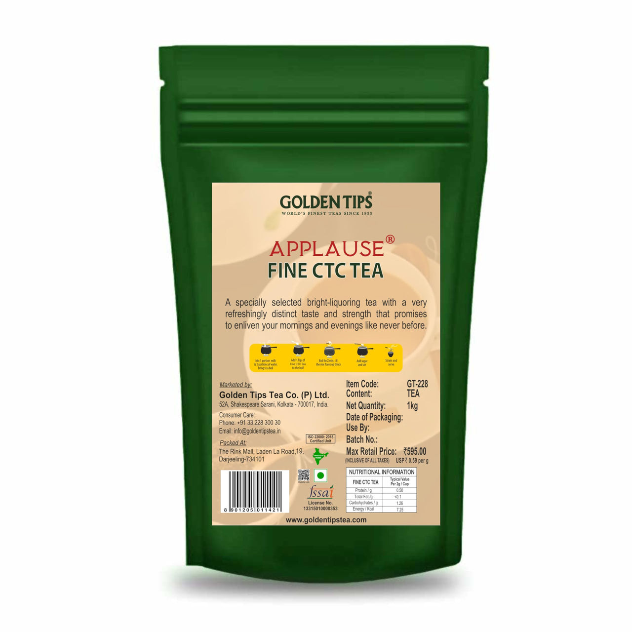 Golden Tips Applause Fine CTC Tea, Strong & Aromatic Chai Patti, 100% Natural Loose Tea Leaves (250 Gram -125 Cups)