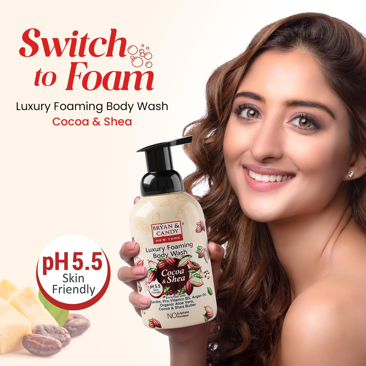 Bryan & Candy Luxury Foaming Body Wash with Pentavitin, Pro Vit B5, Argan Oil, Skin Friendly pH 5.5, All Skin Types, 400 Ml (Cocoa Shea)