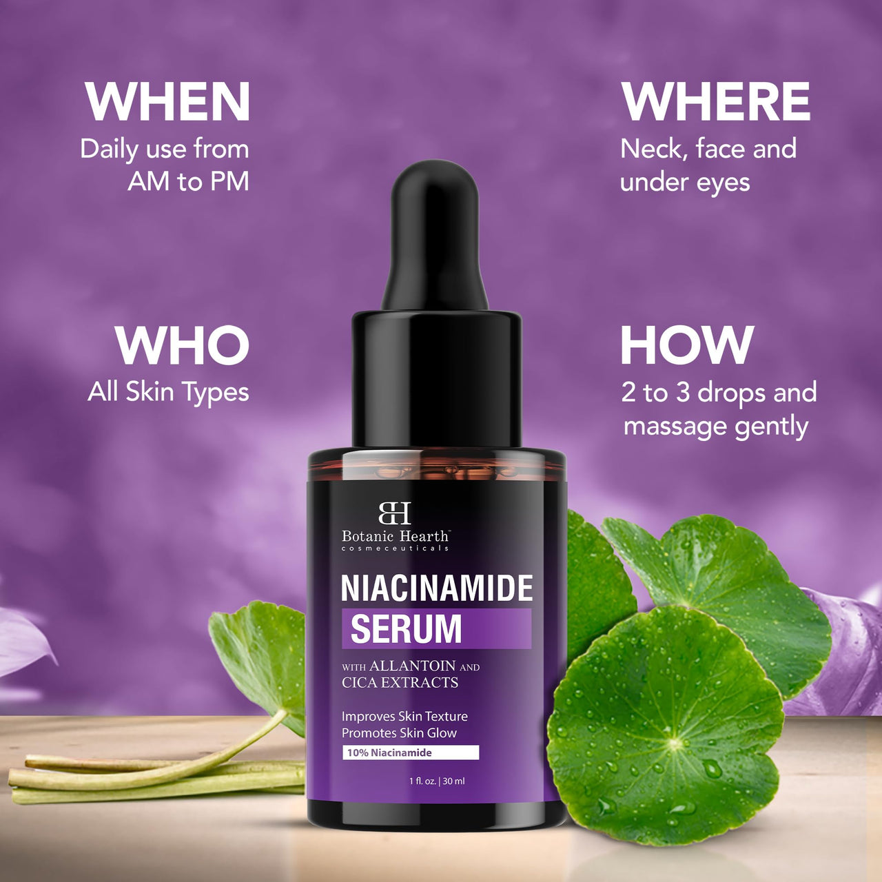 Botanic Hearth 10% Niacinamide Face Serum 30 ml with Allantoin, Zinc PCA, Cica & Hyaluronic Acid | Minimize Pores, Correct Dark Spots, Even Skin Tone | All Skin Types | For Women & Men