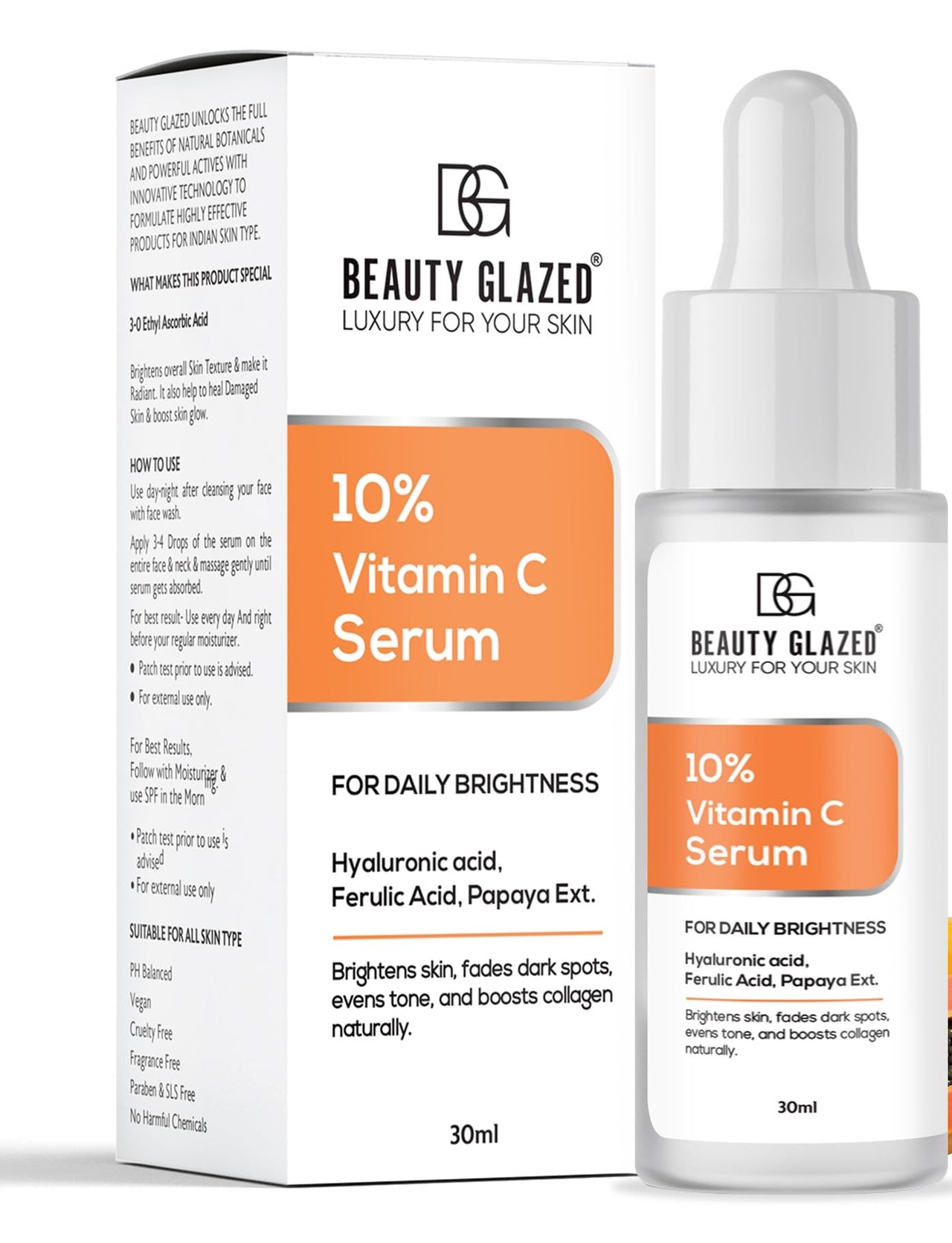 Beauty Glazed Professional 10% Vitamin C Face Serum With Power of 1% Alpha Arbutin, Vita-E, Ferulic Acid | Advance Skin Brightening Formula for Glowing Skin | Uneven Skin Tone | Non Irritating | 30 ml