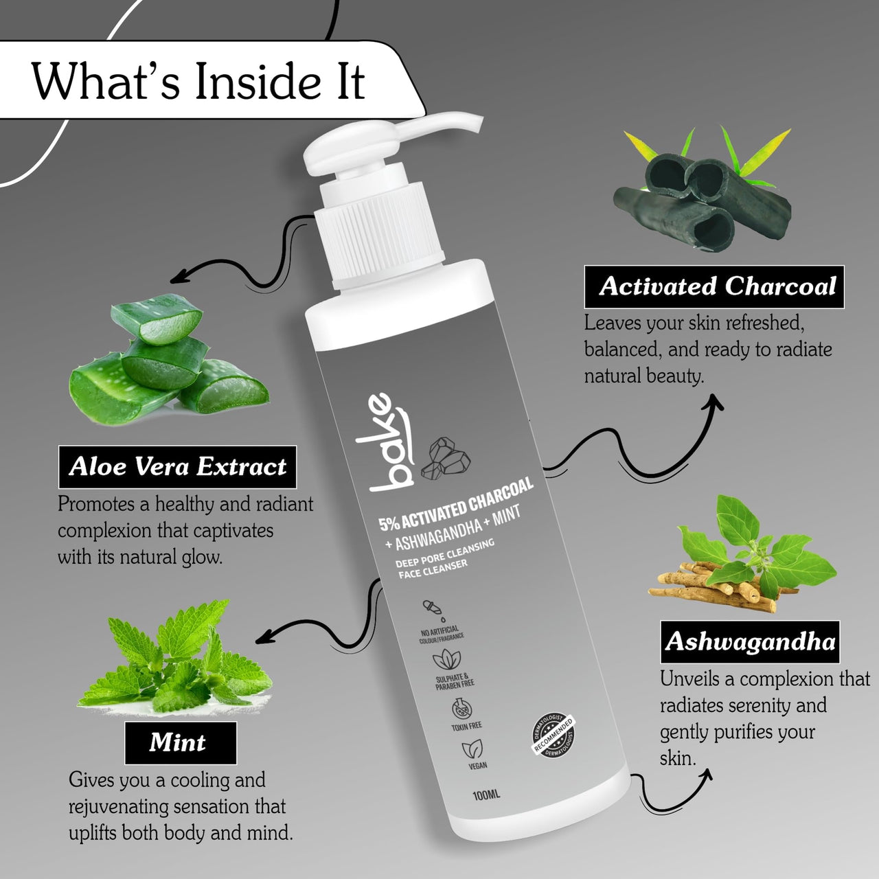 BAKE 5% Activated Charcoal Face Wash with Mint & Ashwagandha | Deep Pore Cleansing Face Cleanser | For Oily, Combination & Acne Prone Skin | 100ml