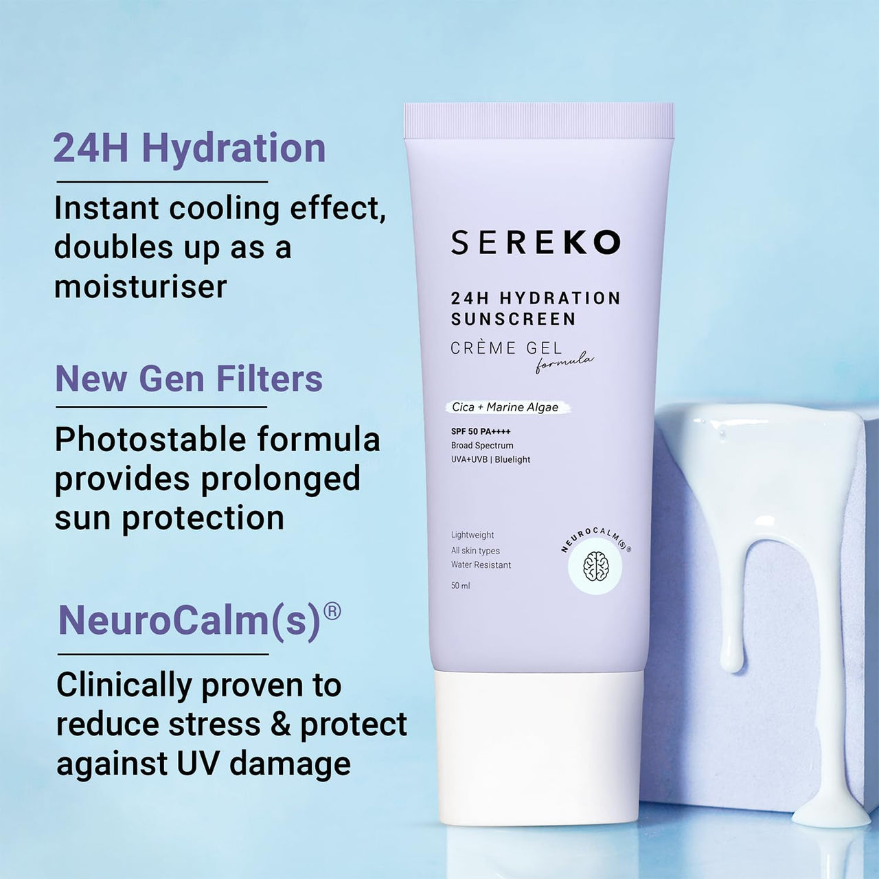Sereko Sunscreen SPF 50 PA++++ Creme Gel with Zero White Cast for Women & Men | 24hrs Hydration, Quick Absorbing & Non Greasy | UVA+UVB & Blue Light Protection | Suitable to All Skin Type