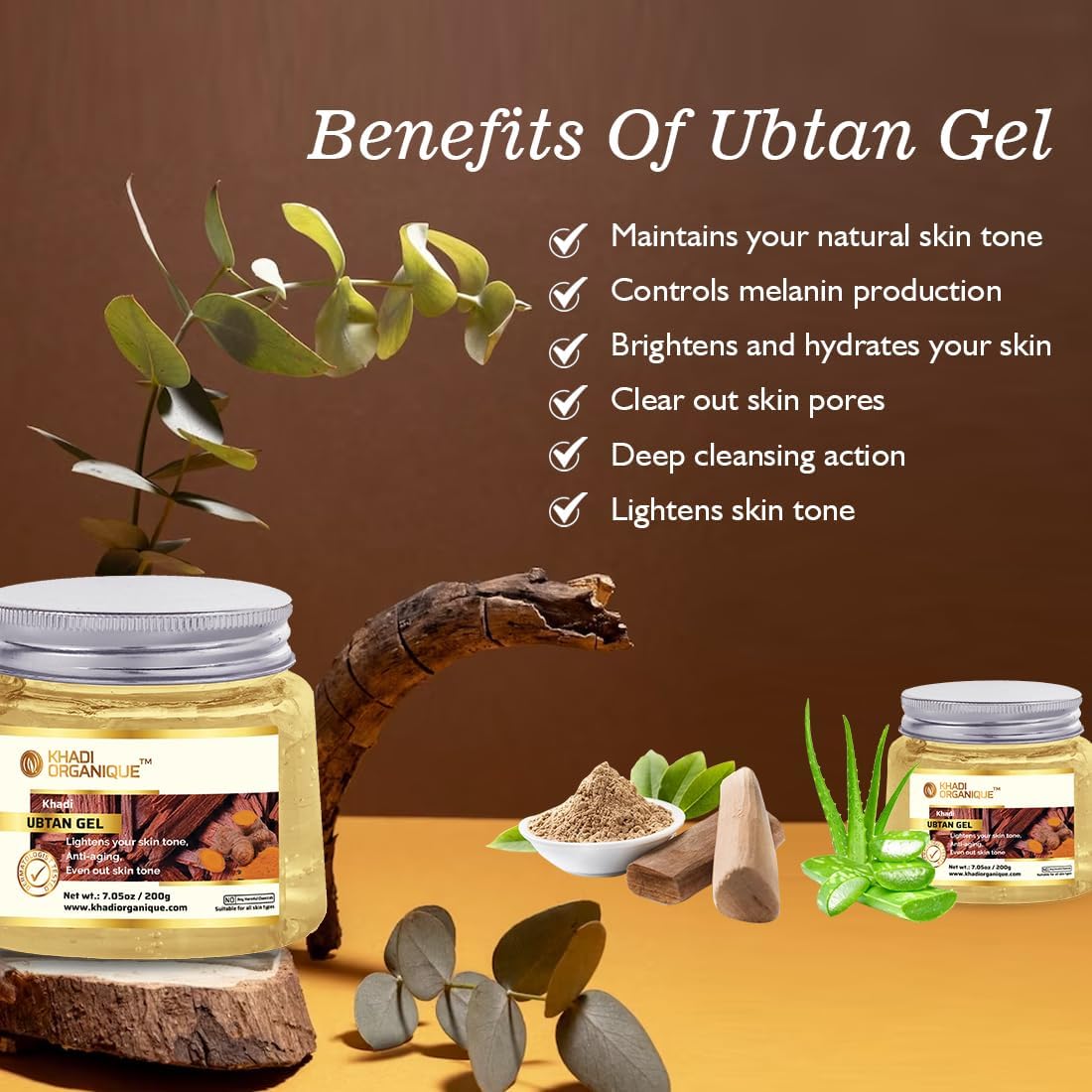 Khadi Organique Combo of Aloe Vera Ubtan Gel (200 gm) + Pure & Natural Rose Water/Skin Toner (210 ml) – 100% Natural for Acne-Free, Glowing Skin | Balances pH, Soothes Itchiness & Moisturizes | Suitable for Men & Women