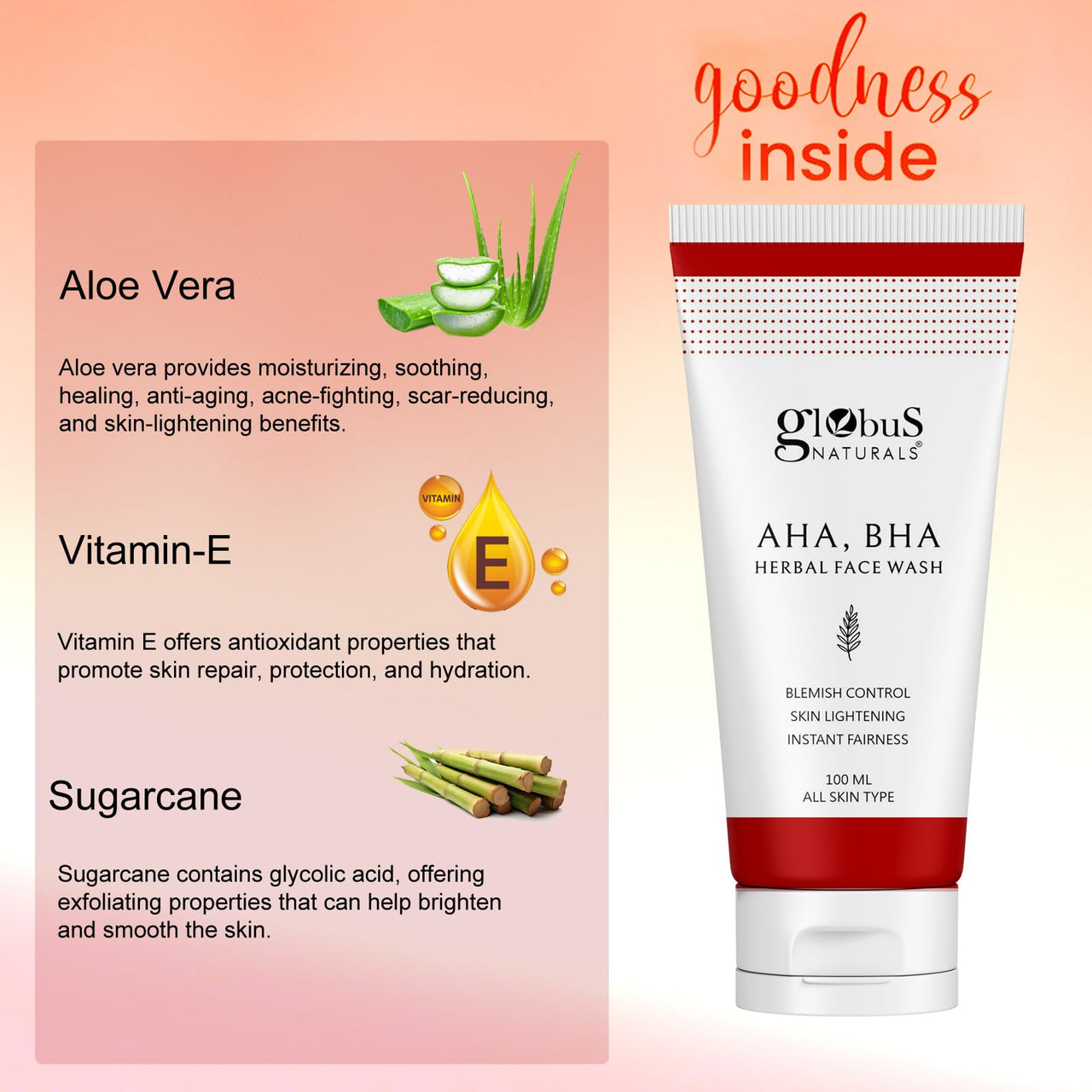 Globus Naturals AHA BHA Anti Ageing & Fairness Face Wash,100ml