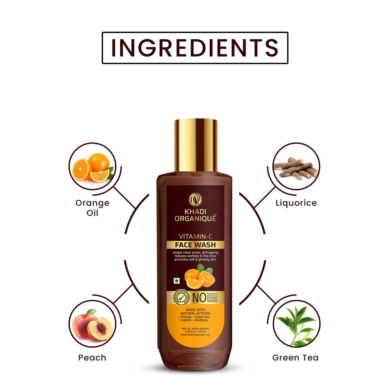 Khadi Organique Vitamin C Natural Face Wash for Glowing & Brightening Skin | Reduces Skin Dullness & Tan | Best Suitable Face Wash for Women & Men of All Skin Types - 100ml