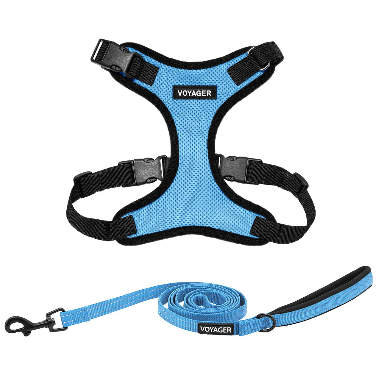 Voyager Step-in Lock Dog Harness w Reflective Dog Leash Combo Set with Neoprene Handle 5ft - Supports Small, Medium and Large Breed Puppies/Cats by Best Pet Supplies - Baby Blue/Black Trim, XL