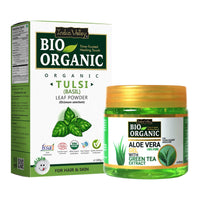 INDUS VALLEY Skin and Hair Care Combo | Natural Tulsi Leaf Powder | Ocimum Sanctum With 100% Organic and Pure Non-Toxic Aloe Vera Gel (100g +175ml)
