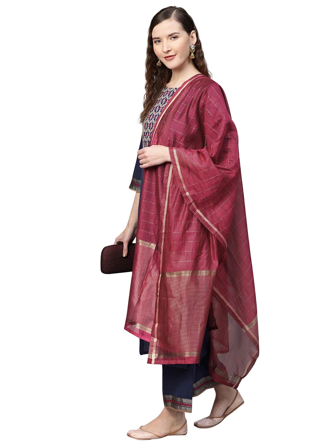 INDO ERA Women's  Pure Cotton Solid Straight Kurta Palazzo with Dupatta Set(Navy Blue_IE00KD4NB1771_XS to 2XL-Size)