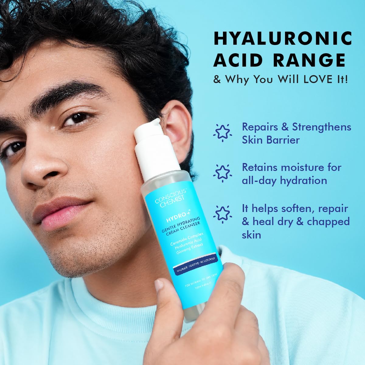 Conscious Chemist Daily Hydration Skincare Routine Kit For Normal To Dry Skin | Pack of 4 | 24H Hydration | Hyaluronic Acid | Face Wash, Serum, Face Moisturiser, Sunscreen