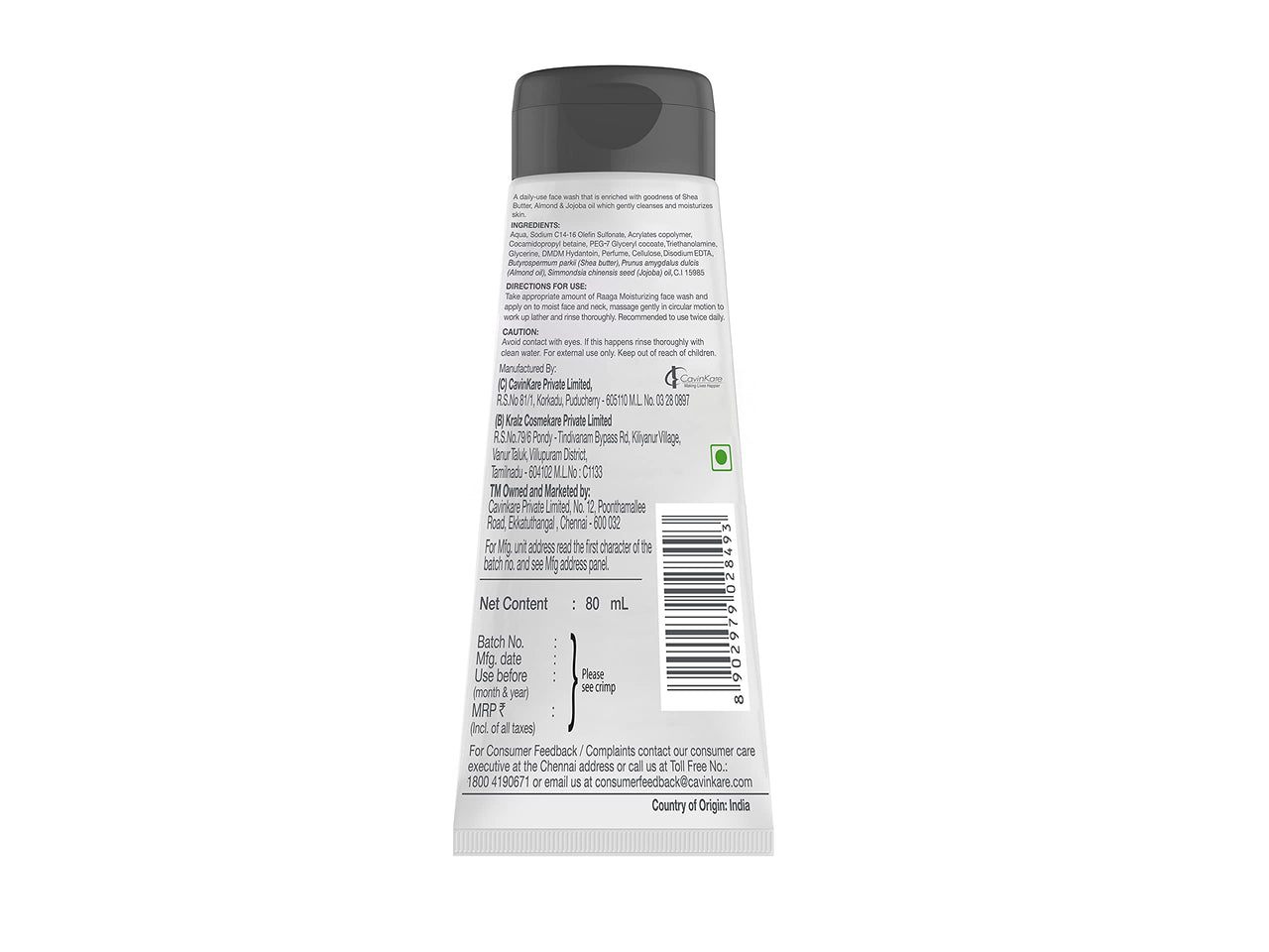 Raaga Professional Moisturizing Facewash, with Shea Butter, Jojoba and Almond Oil, 80ml, Gently Cleanses Skin, Removes dirt and impurities, for Normal to Dry Skin
