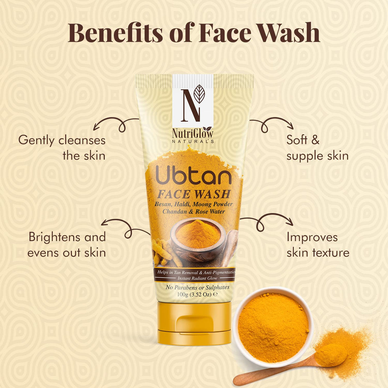 NutriGlow Natural’s Ubtan Face Wash for All Skin Types with Haldi, Chandan & Rose Water, 100g