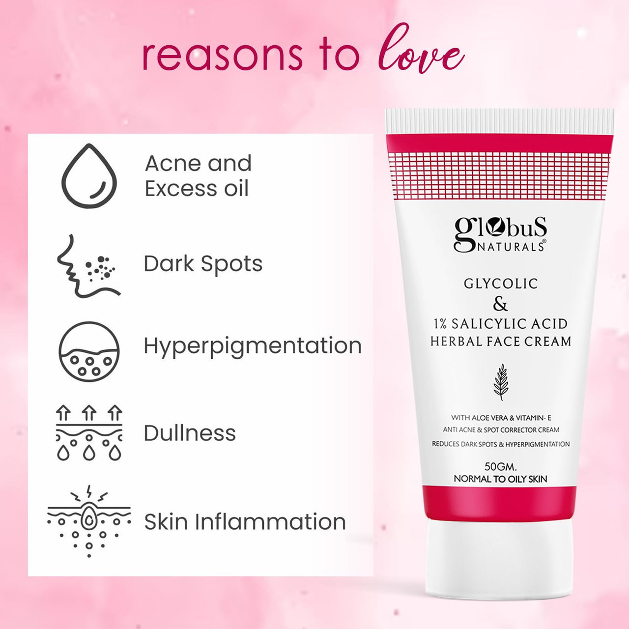 Globus Naturals Glycolic & 1% Salicylic Acid Herbal Anti Acne Face Cream, Enriched with Aloe Vera & Vitamin E, Reduces Dark spots & Hyperpigmentation, 50gm