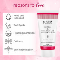 Globus Naturals Glycolic & 1% Salicylic Acid Herbal Anti Acne Face Cream, Enriched with Aloe Vera & Vitamin E, Reduces Dark spots & Hyperpigmentation, 50gm