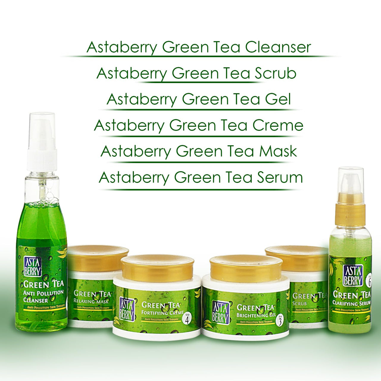 Astaberry Green Tea Facial Kit 6 Steps For All Skin Types - Anti Pollution Skin Care | Skin elasticity | Fights skin damage & Relaxing and Soothing | With Neem & Olive