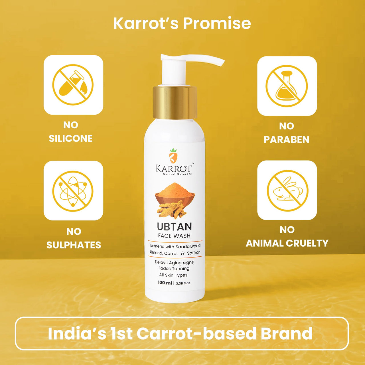 Karrot Natural Skincare Ubtan Detan Face Wash, Fades Tanning and Promotes Youthfulness, Turmeric with Sandalwood, Almond, Carrot and Saffron, Ideal for Men and Women, 100 ml