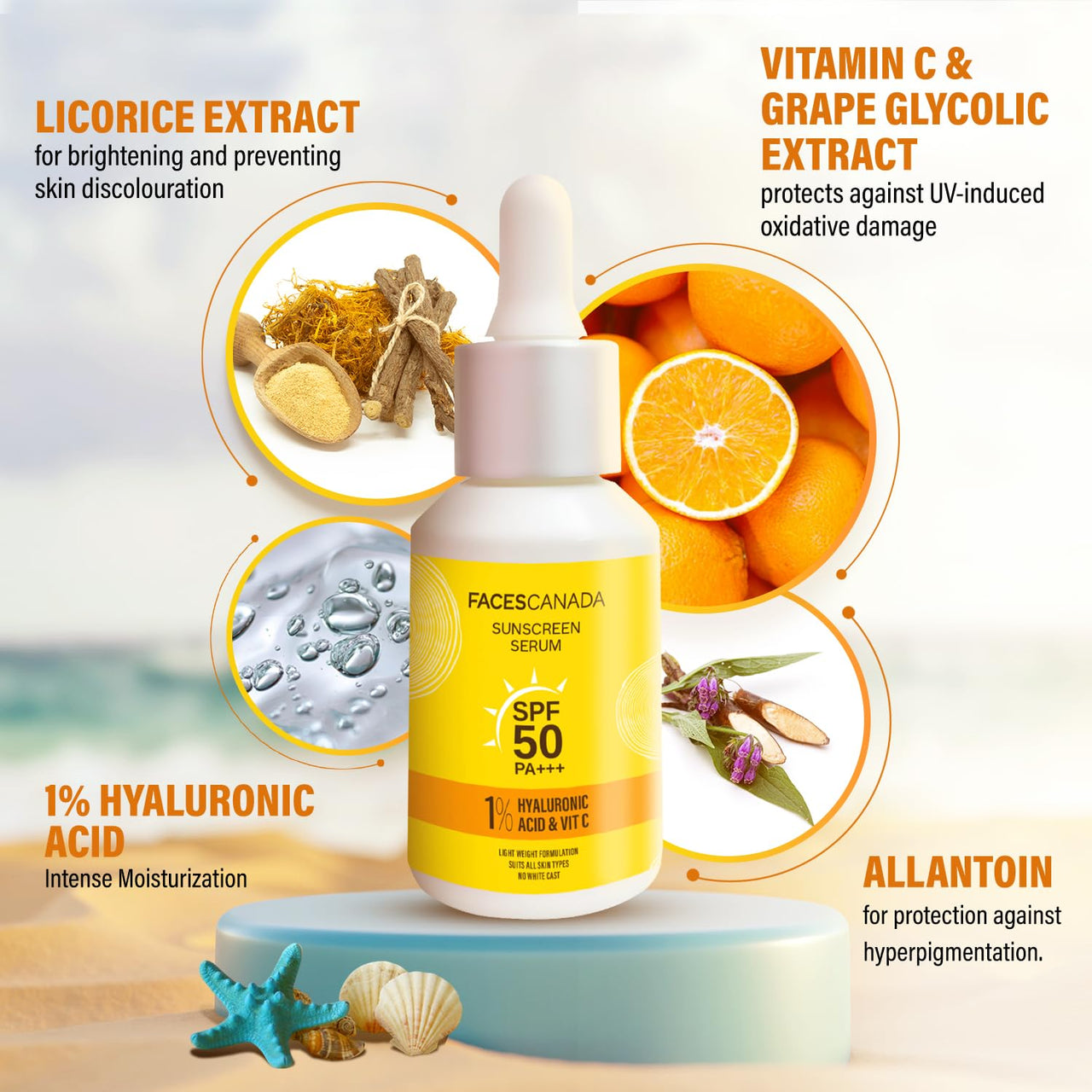 FACES CANADA Sunscreen Serum, 30ml | SPF 50 PA+++ | Protects From UVA & UVB Rays | 1% Hyaluronic Acid & Vitamin C | Lightweight | No White Cast | Natural Radiant Glow| No Alcohol | No Parabens