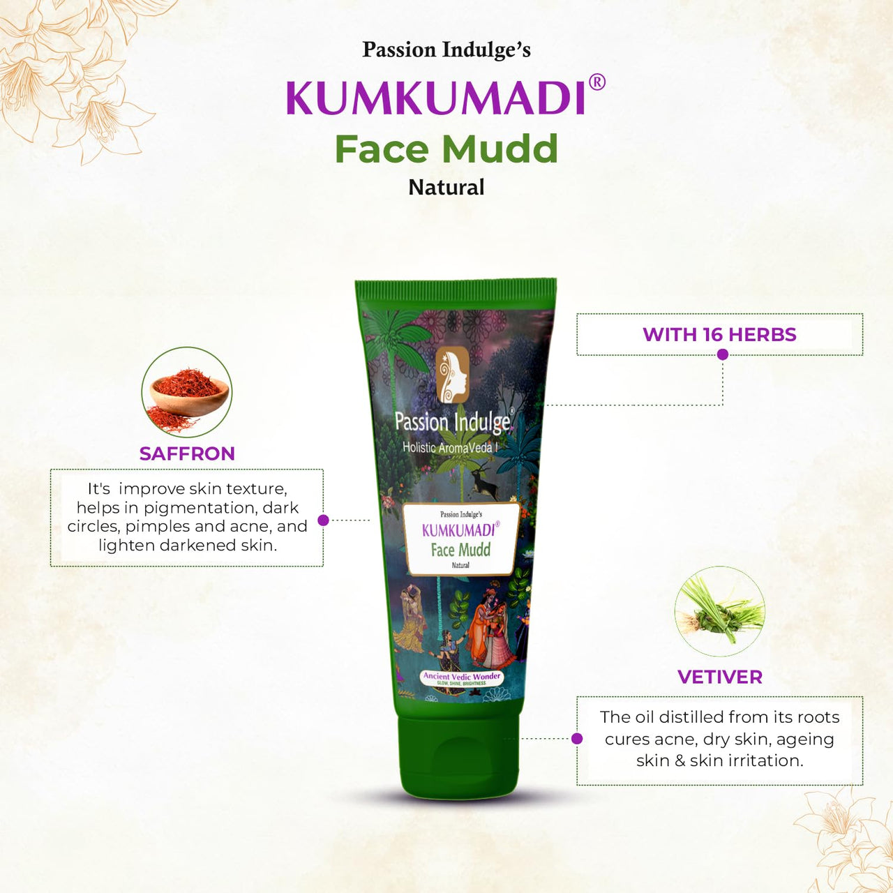 Passion Indulge Kumkumadi Natural Handmade Bath Bar & Kumkumadi Natural Face Mudd Pack For Skin Glow, Shine & Brightness with Saffron, Vetiver Oil and 16 Herbs