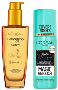 L Oréal Paris Extraordinary Oil Hair Serum, 100 Ml & Instant Root Concealer Spray, Ideal For Touching Up Grey Root Regrowth, Magic Retouch, 1 Black