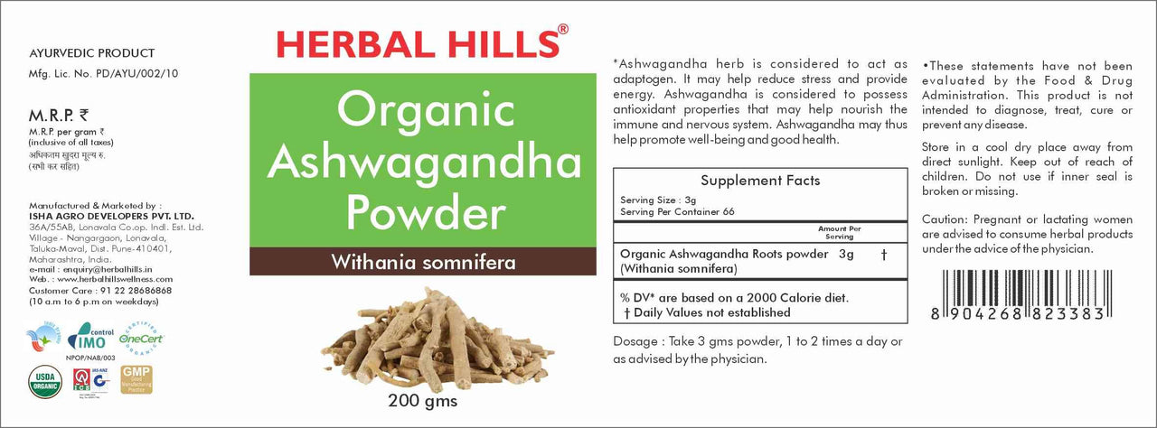 Herbal Hills Organic Ashwagandha Powder | 200 gms | Ashwagandha Herbal Powder