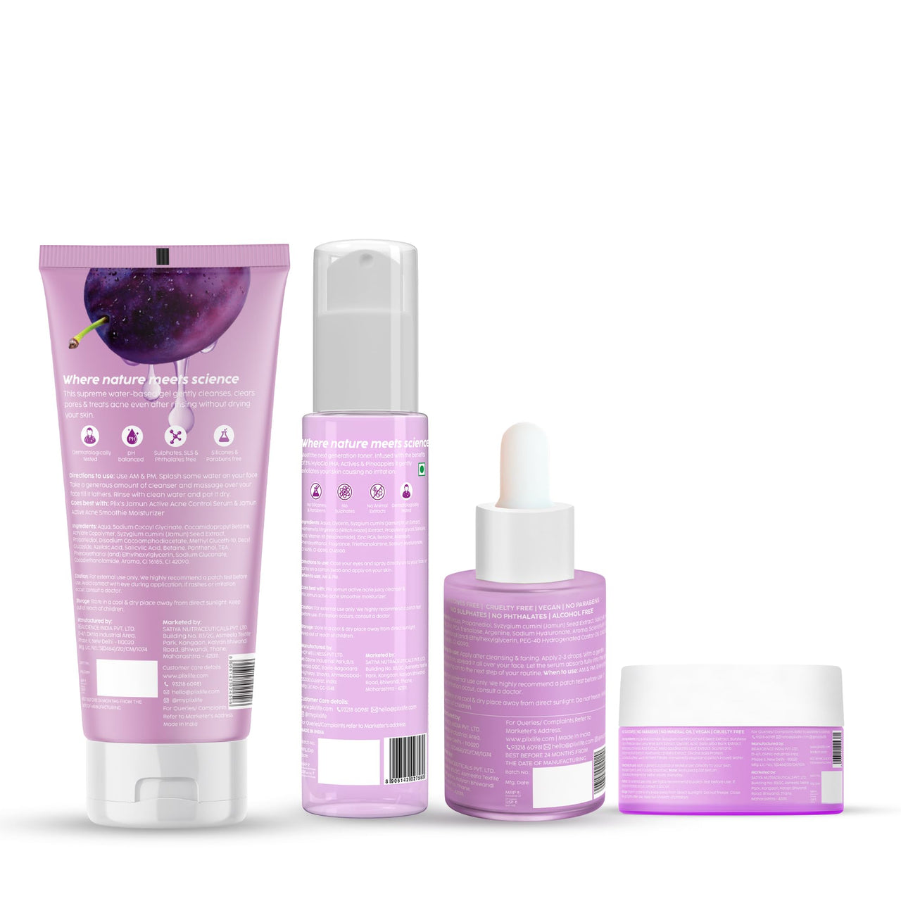 The Plant Fix Plix Jamun Active Acne Range With Cleanser, 2% Salicylic Acid Serum, Smoothie Moisturizer, & Toner l Reduces Active Acne l Detoxifies The Skin l Soothes Redness l All Skin Types