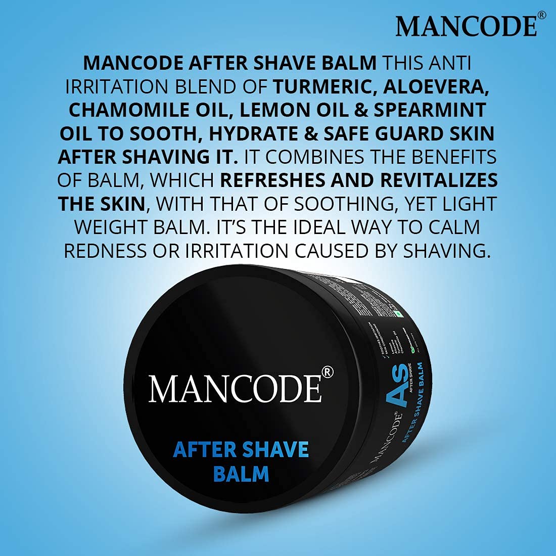 Mancode After Shave Balm (100gm) | Post Shave Treatment | Soothes Skin Irritation | Hydrating Closes Pores | Lemon Oil Aloe vera Turmeric Chamomile Oil No Alcohol (Pack of 1)