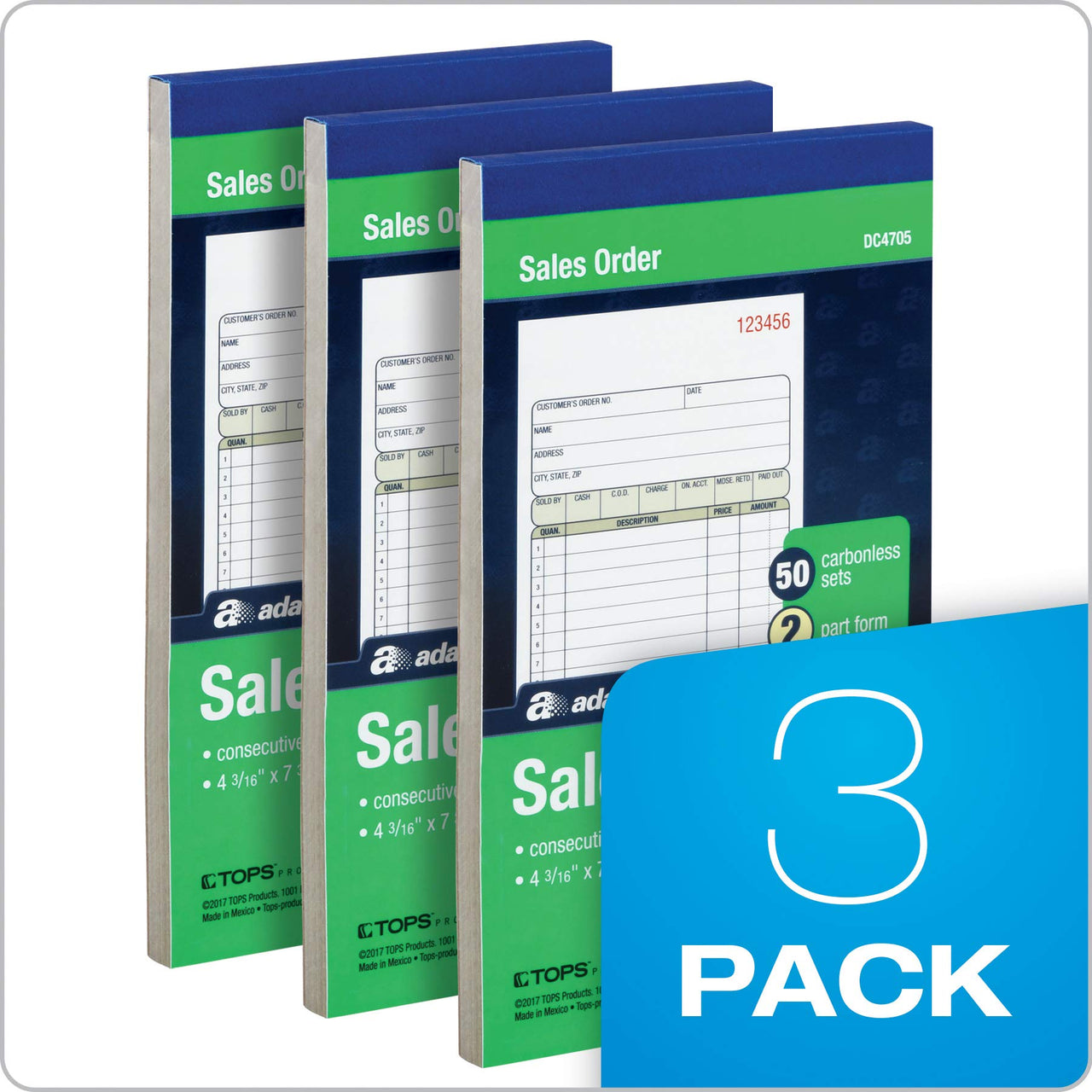 Adams Sales Order Books, 2-Part, Carbonless, White/Canary, 4-3/16" x 7-3/16", Bound Wraparound Cover, 50 Sets per Book, 3 Pack (DC4705-3) 3 Books