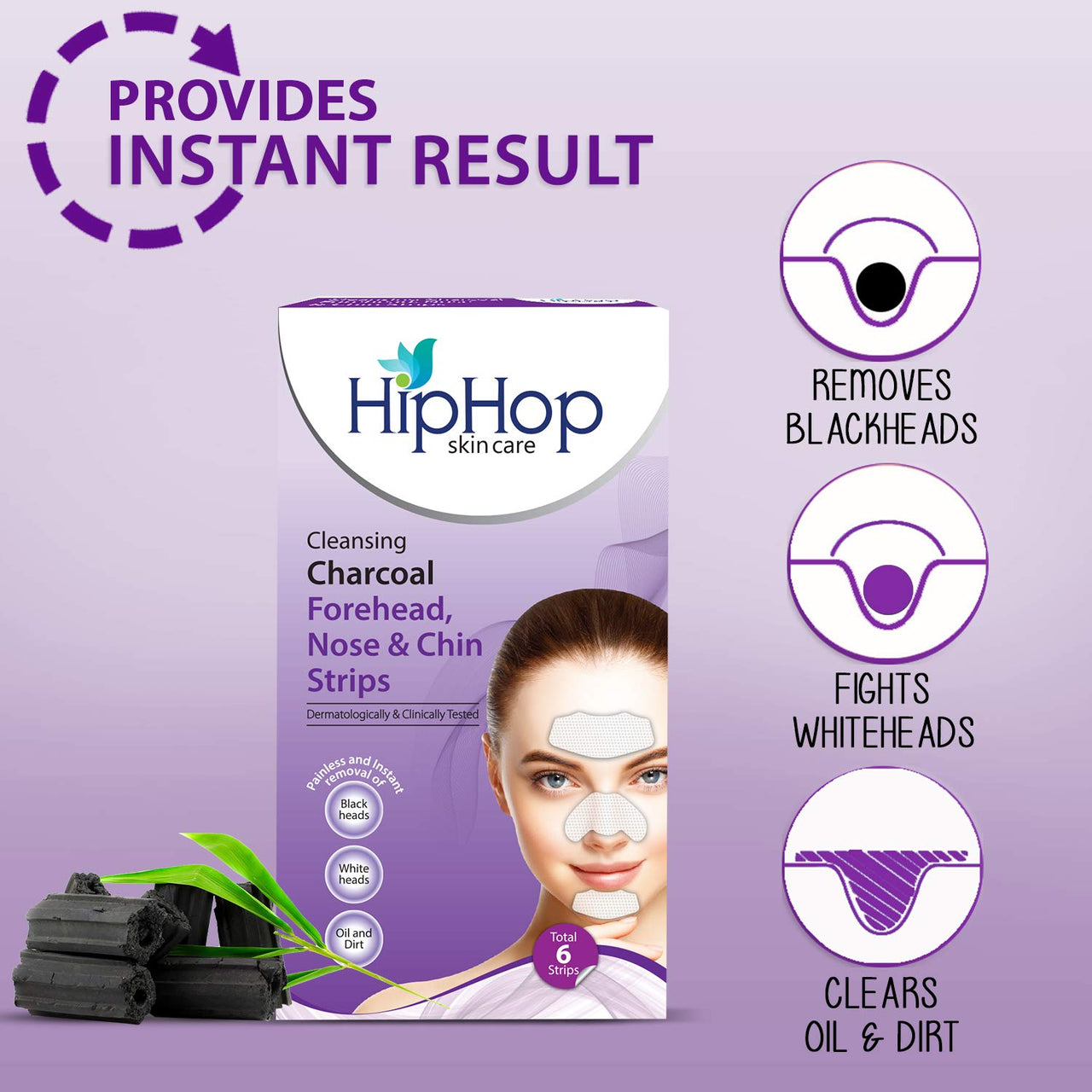 Hip Hop, Hiphop Skincare Cleansing Charcoal Forehead Nose And Chin Strips For Blackhead Removal And Pore Cleansing Total Strips, Aloe Vera, 6 Count