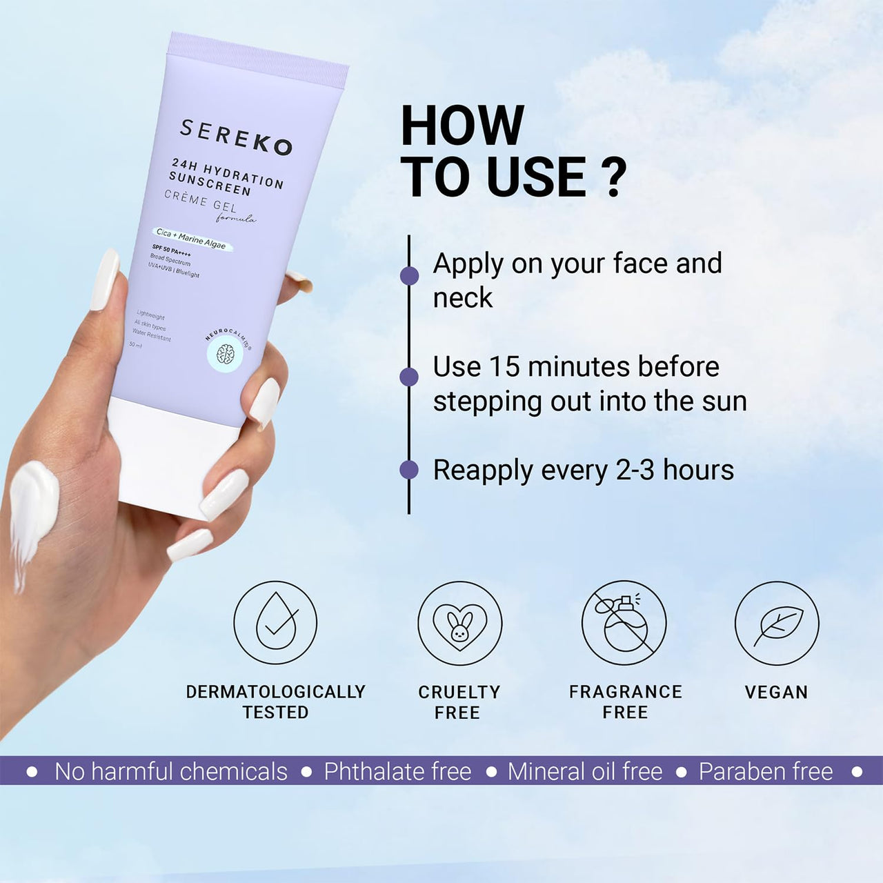 Sereko Sunscreen SPF 50 PA++++ Creme Gel with Zero White Cast for Women & Men | 24hrs Hydration, Quick Absorbing & Non Greasy | UVA+UVB & Blue Light Protection | Suitable to All Skin Type