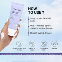 Sereko Sunscreen SPF 50 PA++++ Creme Gel with Zero White Cast for Women & Men | 24hrs Hydration, Quick Absorbing & Non Greasy | UVA+UVB & Blue Light Protection | Suitable to All Skin Type