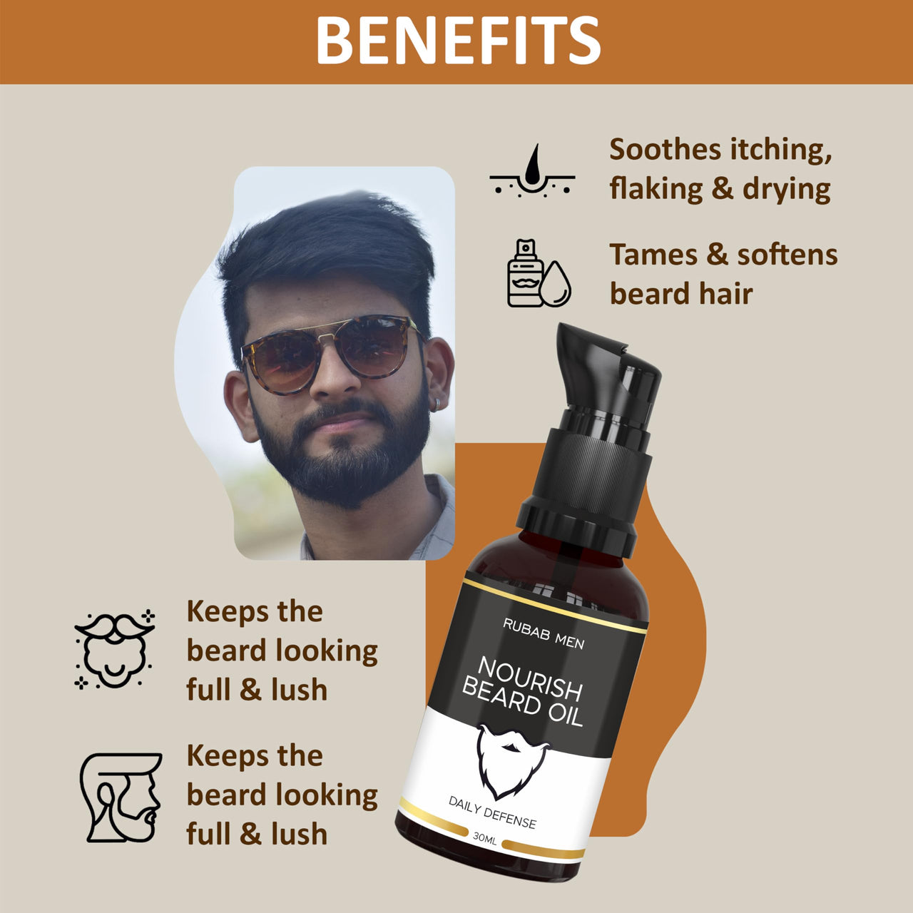 Rubab Men 4-in-1 Beard Kit for Men| Advance Beard Oil, Face & Beard Wash, Beard Brush & Wooden Beard Comb for Men| Daily Care of Beard or Amazing Gift Kit for Men